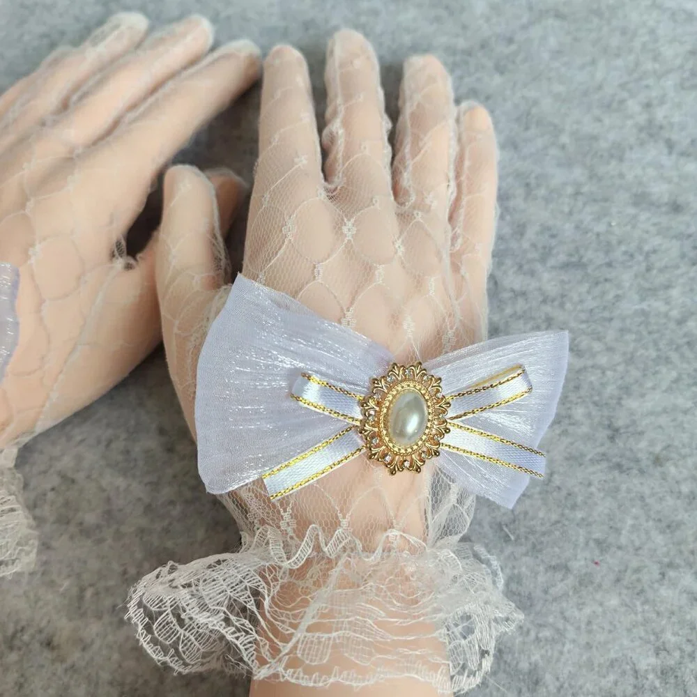 Women's Hand Sleeve White Bow Lace Gloves Wedding Halloween Costume Party Prom